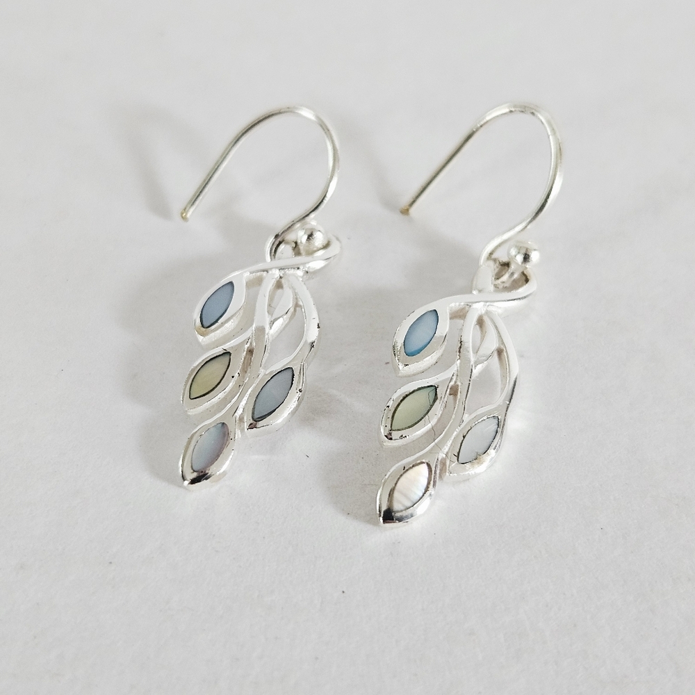 Charles Winston Signed Silver Pāua Shell Abalone Leaf Vine Drop Dangle Earrings